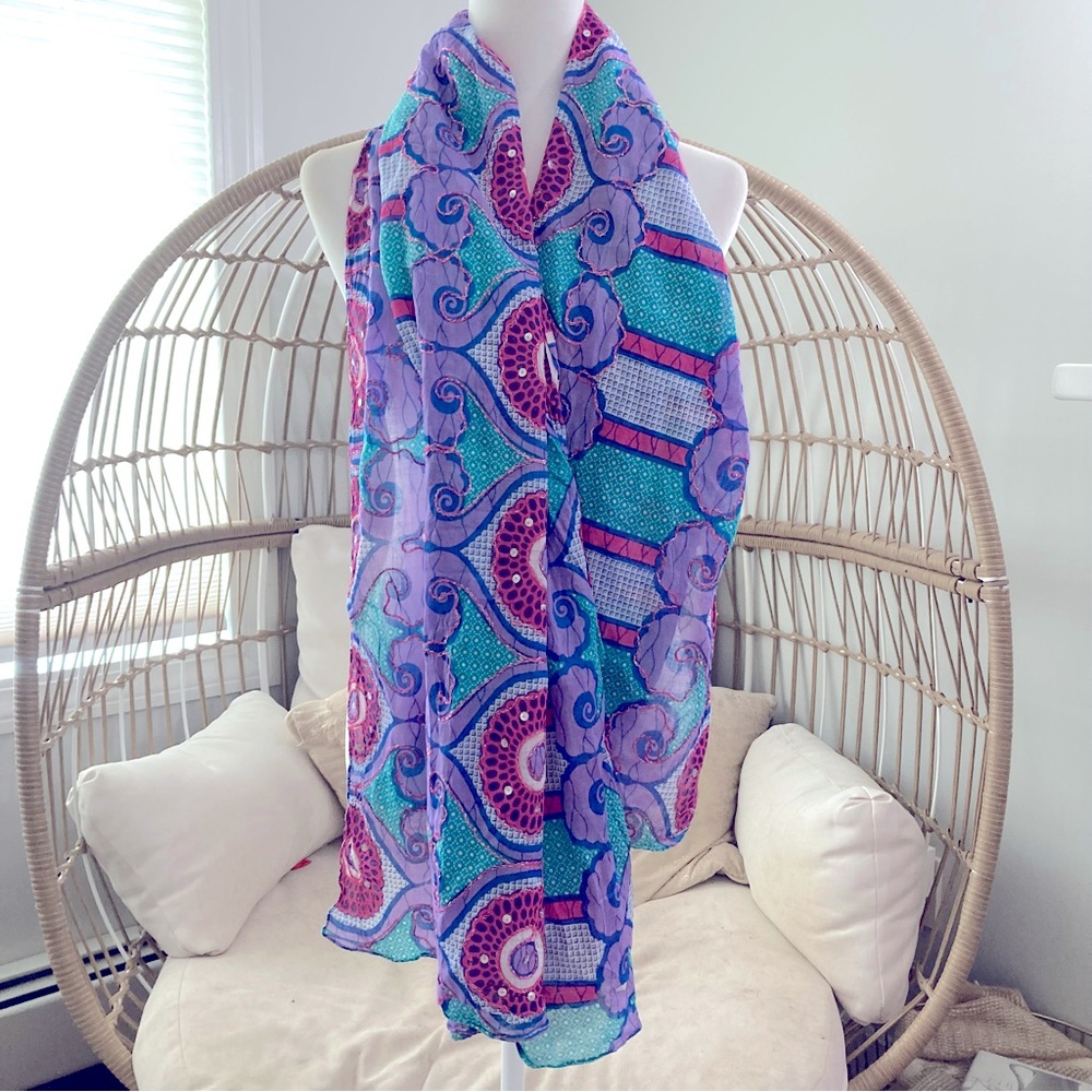 Colorful‎ Boho Sequin Embroidered Scarf Wrap Shawl Festival Style Teal Fuchsia